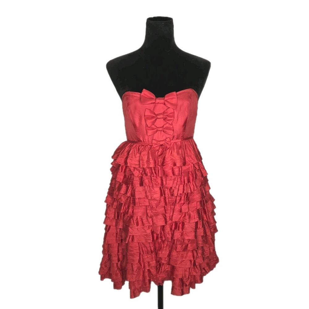 VTG Y2K Betsey Johnson Silk Strapless Bow Ruffle Party Cocktail Dress Red Sz 6